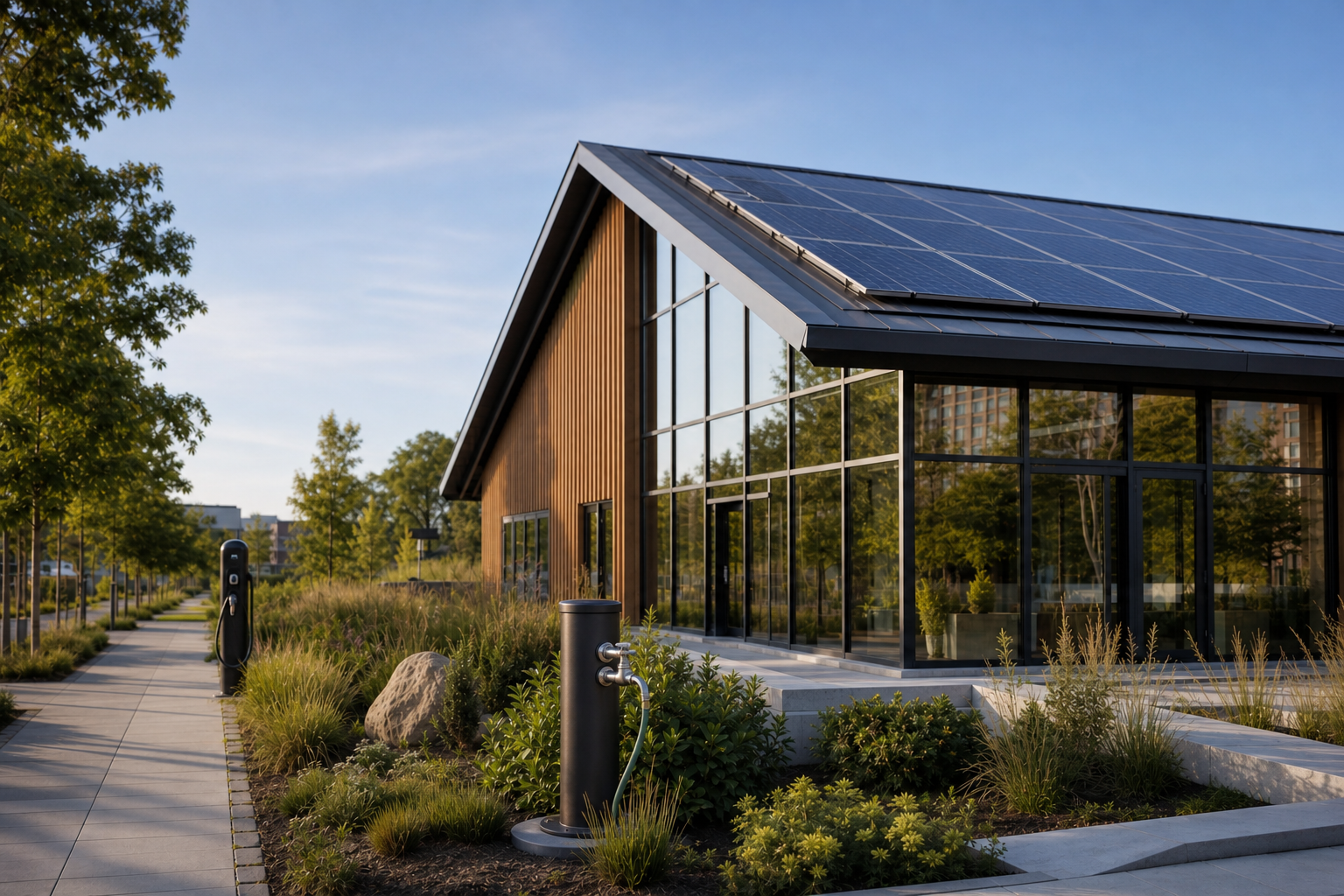 Sustainable Green Building With Water Pump And Charging Station